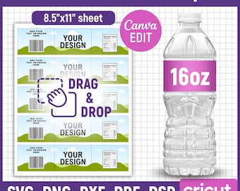 16oz waterfles labelsjabloon, waterflesverpakking, waterflessticker, doe-het-zelfetiketsjabloon, verpakking, afdrukbaar, doe-het-zelf, canva bewerkbaar