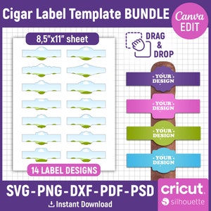 Cigar Wrapper Template Bundle, Cigar Label Template, Cigar Label Svg, Cigarette Sticker Template, Custom Cigar Bands, png, Canva Editable