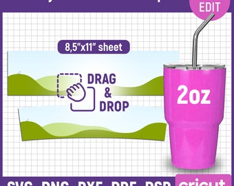 May include: A pink 20 oz tumbler with a stainless steel straw. The tumbler has a white 20 oz label. The image includes a template for a tumbler wrap with a green and blue landscape design. The text "DRAG & DROP" is included on the template.