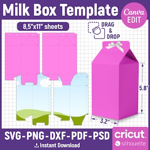 5,8 "Milch Box Vorlage, Milchkarton Box Vorlage, Milch Gunst Box zwart svg, Partybevorzugung Box, Box Vorlage, Geschenkbox svg, DIY Box, Canva bearbeitbar