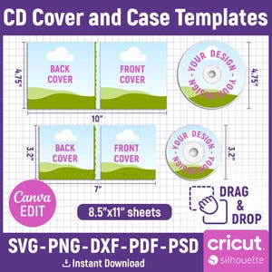Puede incluir: Gráfico que muestra plantillas de carátulas y estuches de CD. El diseño incluye diseños de portada y contraportada, diseños de CD y el texto "CD Cover and Case Templates". La imagen también incluye el texto "Canva EDIT", "DRAG & DROP" y opciones de tipo de archivo.