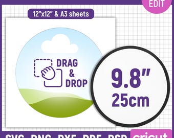 May include: A white template for a foldable fan sublimation design. The design includes the text "DRAG & DROP" and the dimensions 9.8 inches (25 cm). The image also includes the text "12"x12" & A3 sheets" and "SVG-PNG-DXF-PDF-PSD".