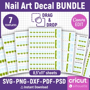 Nail Art Decal Template Bundle, Nail Blank Template, Nail Template Svg, Nail Design Template, Waterslide Nail Decals, Nail Wrap, Canva Edit