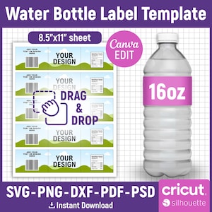 16oz Water Bottle Label Blank Template, Water Bottle Label Template, DIY Label Template, Water Bottle Sticker, Party Favors, Canva Editable