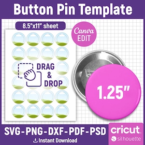 1.25&quot; Button Pin Template, Button Pin Svg, Button Pin Blank, Sublimation Button Pin Template, Badge Circle Labels, DIY, png, Canva Editable