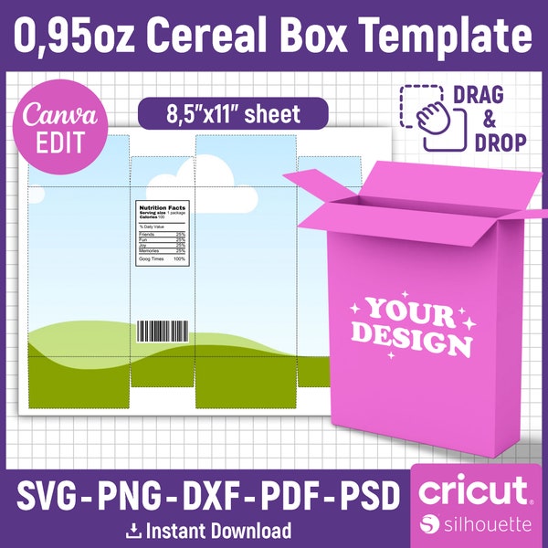 0.95 oz Cereal Box Template, Cereal Box Svg, DIY Cereal Packaging Template, Snack Box Template, Printable Party Favor, png, Canva Editable