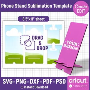 Puede incluir: Plantilla de sublimación para soporte de teléfono rosa con el texto "YOUR DESIGN". La plantilla incluye un diseño para una hoja de 21,6 x 27,9 cm, con instrucciones "DRAG & DROP". Compatible con máquinas Cricut y Silhouette.
