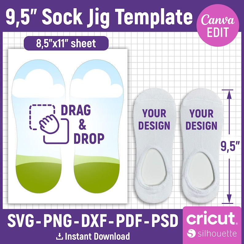 May include: A template for creating custom socks. The template includes two sock shapes with the text "Your Design" on each. The template is designed to be used with a 8.5" x 11" sheet of paper. The template also includes instructions on how to drag and drop your design onto the sock shapes.