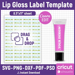 Lip Gloss Label Template, Lip Gloss Tube Label Template, Lip Gloss Wrap Packaging, Lip Balm Label, Lip Glow Gloss, Printable, Canva Editable