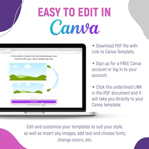 May include: A laptop screen shows a Canva template with a green landscape and clouds. The text on the screen says "A template created by TemplateDesign was shared with you, start designing now". The text on the right side of the image says "Download PDF file with Link to Canva Template. Sign up for a FREE Canva account or log in to your account. Click the underlined LINK in the PDF document and it will take you directly to your Canva template."