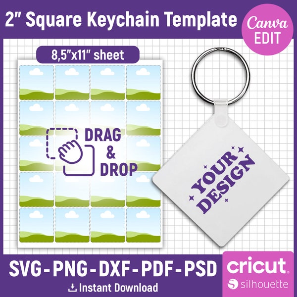 2" Square Keychain Template, Keychain Template Svg, Sublimation Template, Keychain Personalized, Custom Keychain, png, dxf, Canva Editable