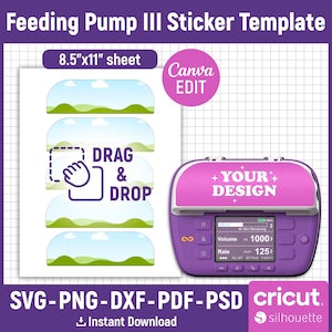 May include: A Feeding Pump III sticker template on a 21.6cm x 27.9cm sheet with a drag and drop interface. The design features a landscape pattern with green hills and blue skies. A purple feeding pump device is shown with a custom design area.
