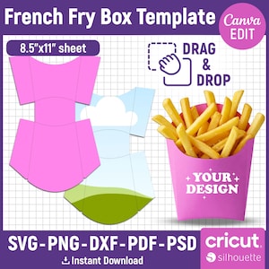 French Fries Box Template, Snack Box Template, Fried Potato Box Template, Food Box Template, Fry Packaging, Printable, DIY, Canva Editable