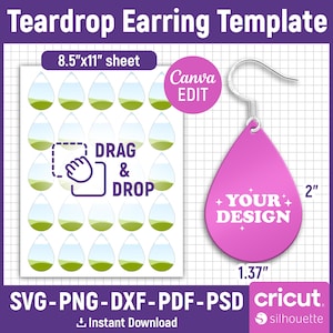 Teardrop Earring Template, Teardrop Earring Sublimation Template, Teardrop Shape Earring Template, Earring Template, DIY, Canva Editable