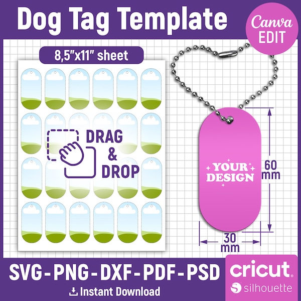30mm x 60mm Dog Tag Template, Dog Tag Template, Dog Tag Svg, Dog Tag Sublimation Template, Pet ID Tag, Printable, Cut Files, Canva Editable