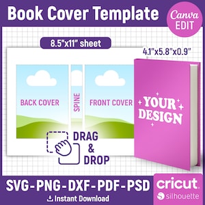 Puede incluir: Una plantilla de portada de libro con una maqueta de libro rosa y un diseño. La plantilla incluye un diseño de portada, lomo y contraportada, con el texto "YOUR DESIGN". La plantilla es de 21,6 cm x 27,9 cm y el libro es de 10,4 cm x 14,7 cm x 2,3 cm.