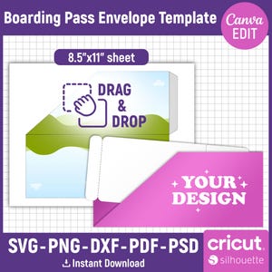 May include: A white boarding pass envelope template with a green and blue landscape design. The template is 8.5" x 11" and features the text "DRAG & DROP" and "YOUR DESIGN". Includes SVG, PNG, DXF, PDF, and PSD formats.