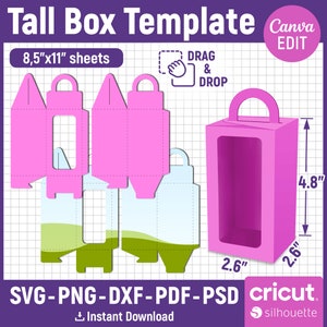 4.8&quot; Tall Box Template, Tall Box Svg, Box with Handle Template, Gift Box, Treat Box, Window Box, Tall Gable Box, Party Favor, Canva Editable