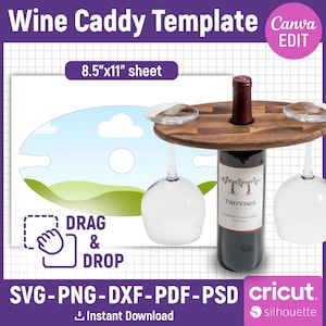 Wine Caddy Template, Wine Glass Holder Template, Wine Bottle Glass Caddy, Wine Caddy Svg, Wine Gift Holder, Laser Cutting, Canva Editable