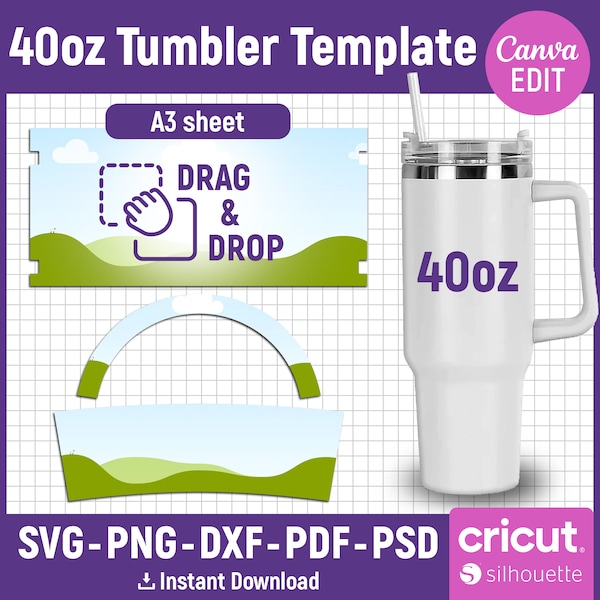 40oz Tumbler Template, 40oz Tumbler Wrap, 40oz Tumbler Sublimation, Tumbler With Handle, Blank Tumbler Wrap Template, png, Canva Editable