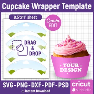 May include: Printable cupcake wrapper template with a pink cupcake with white frosting and pink sprinkles. The template is designed for 8.5 x 11 inch paper and includes the text "DRAG & DROP" and "YOUR DESIGN".