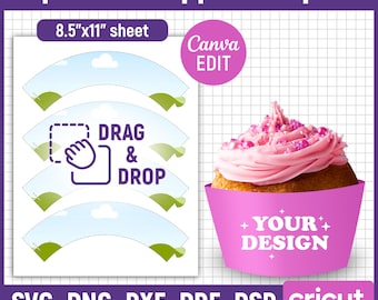Modello di involucro per cupcake, modello di involucro vuoto per cupcake, porta cupcake svg, pirottini da forno, bomboniera, stampabile, file di taglio, modificabile da Canva