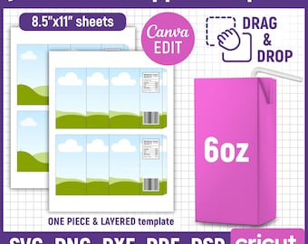 Könnte beinhalten: Eine Vorlage für Saftbox-Verpackungen mit einem Landschaftsdesign, das grüne Hügel, blauen Himmel und weiße Wolken zeigt. Die Vorlage ist für 21,59 cm x 27,94 cm große Blätter konzipiert und enthält eine rosa Saftbox-Grafik mit dem Text "6oz".