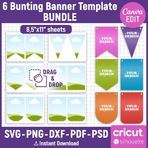 Bunting Banner Template BUNDLE, Bunting Banner Svg, Flag Banner Svg, Bunting Flag Svg, Birthday Garland, Cut File, Printable, Canva Editable