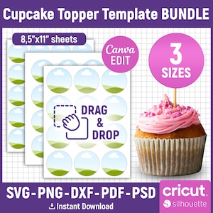 カップケーキ トッパー テンプレート バンドル、バースデー ケーキ トッパー テンプレート、カップケーキ トッパー SVG、多目的円形レイヤー ラベル、Canva 編集可能