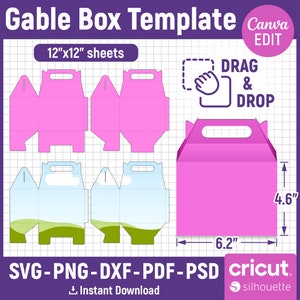 Puede incluir: Una plantilla imprimible para una caja con tapa abatible, diseñada para ser cortada de hojas de papel de 30,5 x 30,5 cm. La plantilla muestra una caja rosa con asa, y una segunda caja con un diseño azul cielo, verde y blanco. El texto "DRAG & DROP" está incluido en un cuadro con un icono de mano.