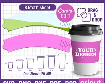 Plantilla de funda ajustable para vaso, plantilla de funda para vaso de papel, plantilla de funda para vaso de café, envoltorio para vaso de papel, envoltorio para vaso en blanco, Canva editable