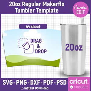 May include: A template for a 20 ounce stainless steel tumbler with a blue sky and green grass design. The template is labeled "DRAG & DROP" and is designed to be used with a cutting machine. The template is available in SVG, PNG, DXF, PDF, and PSD formats.