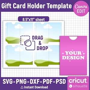 以下が含まれることがあります： 風景デザインのギフトカードホルダーテンプレート。ピンク色のギフトカードホルダーに「YOUR DESIGN」の文字が入っています。テンプレートは21.59cm x 27.94cmのシートで、「DRAG & DROP」の文字が入っています。SVG、PNG、DXF、PDF、PSD形式が含まれています。