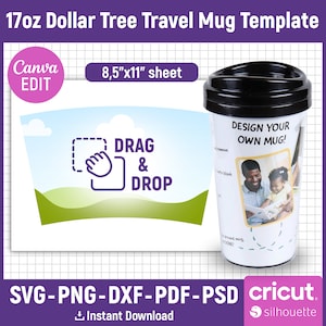 May include: A white travel mug with a black lid and a black handle. The mug has a design that says "Design Your Own Mug!" with a picture of a father and daughter reading a book. The mug is 17 ounces and is a template for a Dollar Tree travel mug.