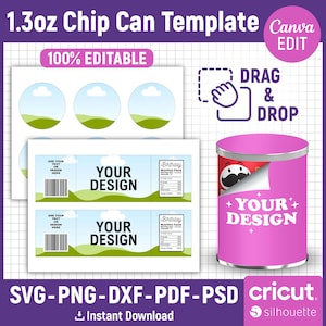 1.3oz Chip Can Wrap Template, Potato Chip Can, Can Label Template, Snack Stack Template, Chip Can Editable, Party Favor, png, Canva Editable