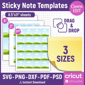May include: Image of sticky note templates with 21.6cm x 28cm sheets. The templates come in 3 sizes: 10.2cm, 7.6cm, and 4.8cm. The design includes a drag and drop feature and is available for instant download in SVG, PNG, DXF, PDF, and PSD formats.