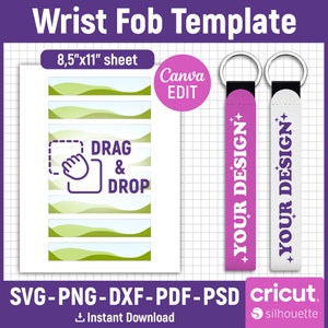 Plantilla de llavero de muñeca Svg, plantilla de sublimación de pulsera, sublimación de pulseras de neopreno, plantilla en blanco de llavero de pulsera, Canva editable