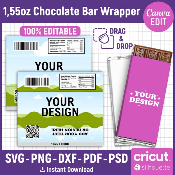 1.55oz Chocolate Bar Wrapper Template, Candy Bar Wrapper, Chocolate Wrapper Label Template, Nutritional Label, Party Favor, Canva Editable