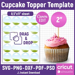 2インチ カップケーキ トッパー テンプレート、バースデー ケーキ トッパー テンプレート、カップケーキ トッパー SVG、多目的円形レイヤー ラベル、Canva 編集可能