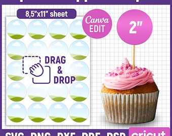 Modèle de décoration de cupcake de 2 pouces, modèle de décoration de gâteau d'anniversaire, Svg de décoration de cupcake, étiquettes en couches circulaires polyvalentes, éditables sur toile