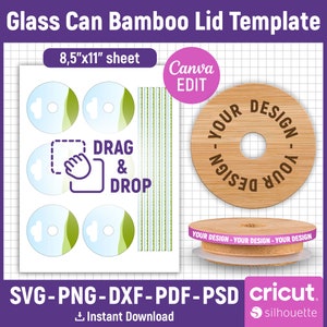 Bamboo Can Glass Lid Template, Glass Can Lid Template, Bamboo Lid Template, 16oz Glass Can Lid Template, Bamboo Lid Decal, Canva Editable