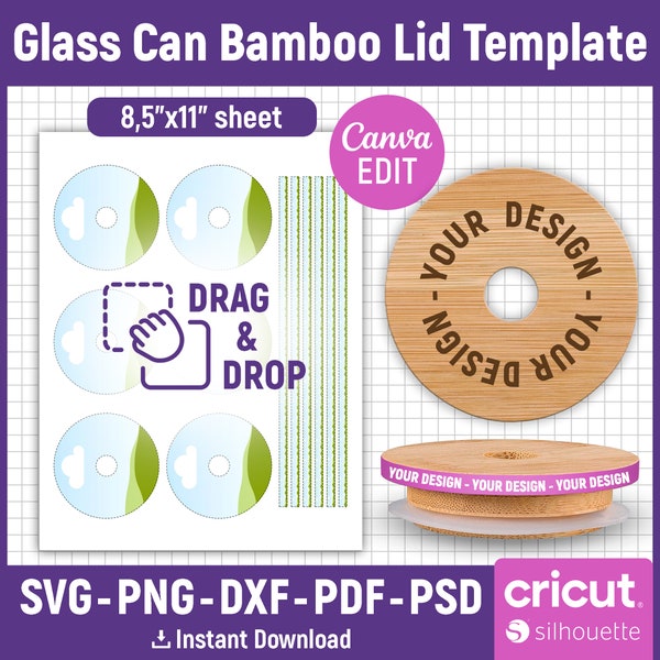 Bamboo Can Glass Lid Template, Glass Can Lid Template, Bamboo Lid Template, 16oz Glass Can Lid Template, Bamboo Lid Decal, Canva Editable