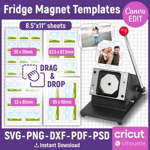 May include: A template for fridge magnets with the text "Fridge Magnet Templates" and "8.5"x11" sheets". The template includes various sizes: 50 x 50mm, 63.5 x 63.5mm, 53 x 80mm, and 65 x 90mm. A manual magnet cutter is on the right.