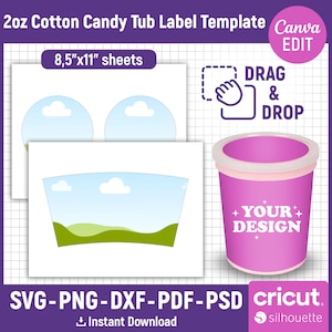 2 Unzen Zuckerwatte Etikettenvorlage, Cotton Candy Wanne Wrapper Vorlage, Etikett für Zuckerwatte, Cotton Candy svg, Full Wrap, png, Canva editierbar