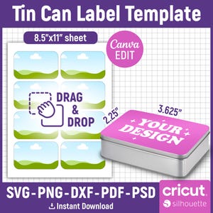 Puede incluir: Una plantilla para etiquetas de latas con tapa rosa, que mide 9,2 cm por 5,7 cm. El diseño incluye una hoja de etiquetas, el texto "DRAG & DROP" y las palabras "YOUR DESIGN". La imagen también incluye el texto "Tin Can Label Template".