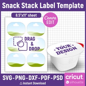 May include: A printable template for creating snack stack labels. The template includes six labels with a green and blue landscape design. The labels are 8.5 inches by 11 inches and can be edited using Canva. The template also includes a mock-up of a snack container with the text "YOUR DESIGN" on it.