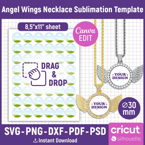 Angel Wings Necklace Sublimation Template, Sublimation Wing Photo Charms Necklace, Angel Wing Pendant, Memorial Jewelry Gift, Canva Editable