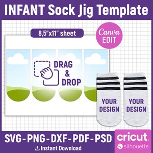 May include: A digital template for creating infant socks. The template includes four sock shapes with a sky and grass background. The text "DRAG & DROP" is included on the template. The template is designed for use with Canva and Cricut.