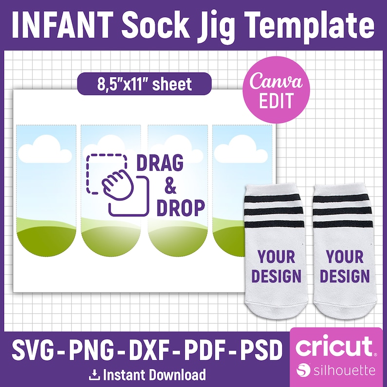 May include: A digital template for creating infant socks. The template includes four sock shapes with a sky and grass background. The text "DRAG & DROP" is included on the template. The template is designed for use with Canva and Cricut.