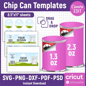 Plantilla para lata de papas fritas de 1.3 oz y 2.3 oz, Lata de papas fritas, Plantilla para etiqueta de lata, Plantilla para apilar snacks, Lata de papas fritas editable, Recuerdos para fiestas, Editable en Canva